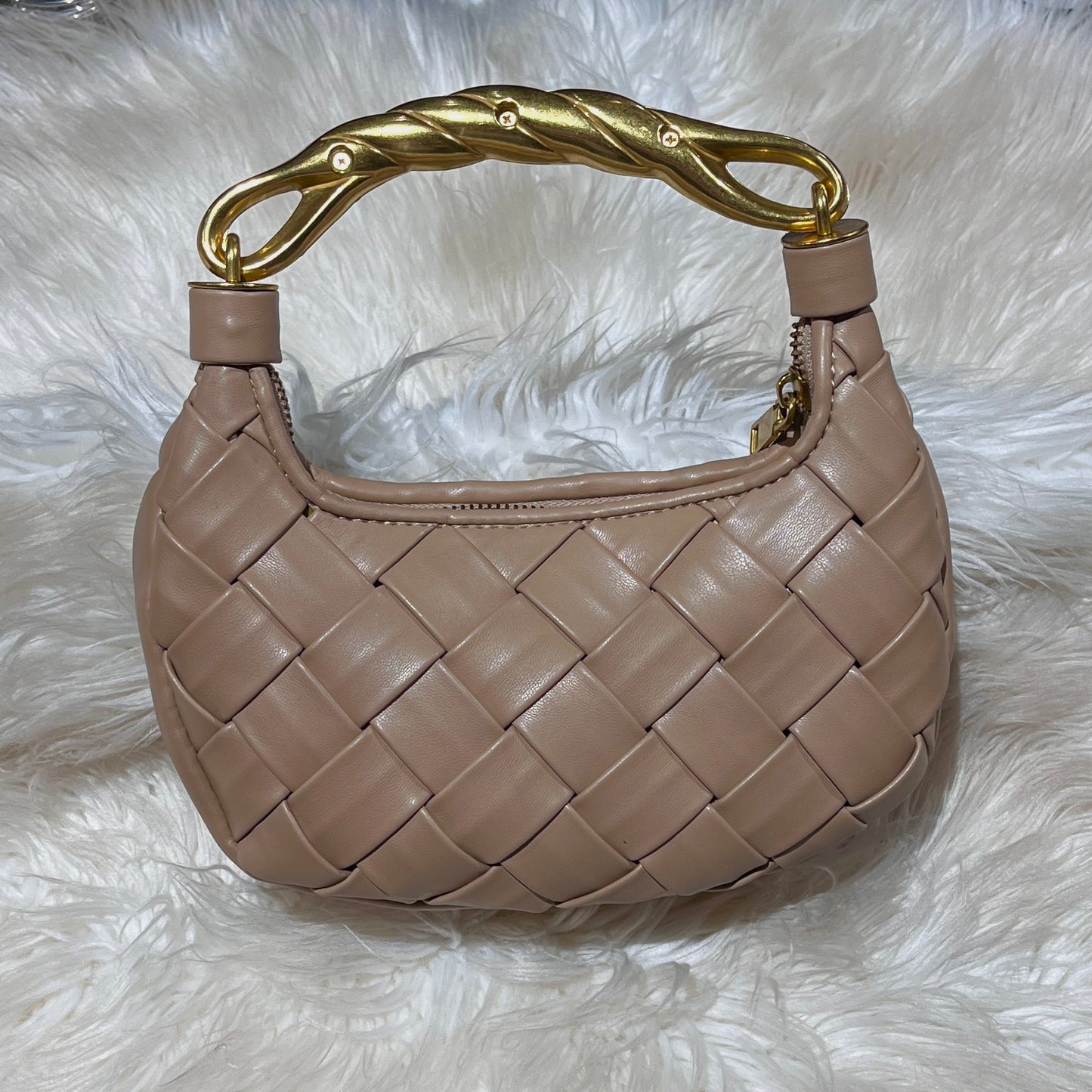 Tan Woven Bag with Gold Handle