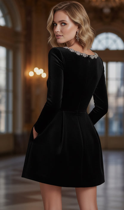 Crystal Neckline Suede Holiday Dress