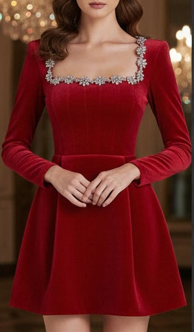 Crystal Neckline Suede Holiday Dress