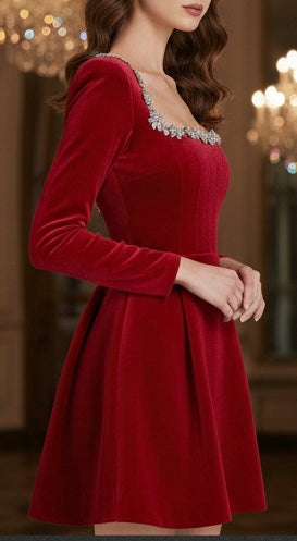 Crystal Neckline Suede Holiday Dress