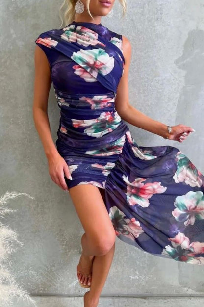 Asymmetrical Floral Ruched Dress