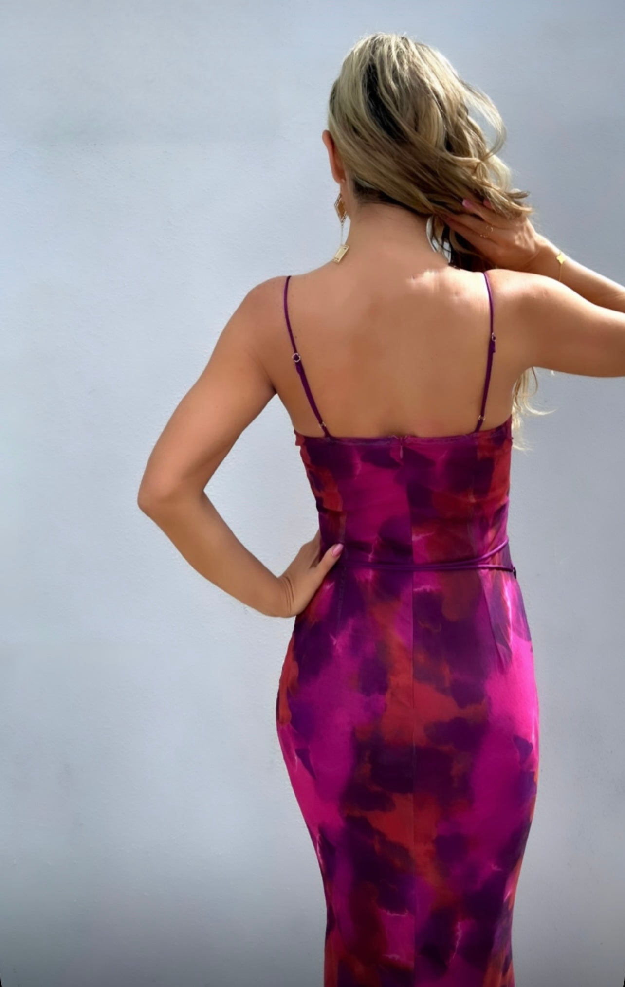 Magenta Printed Gown Model Back View