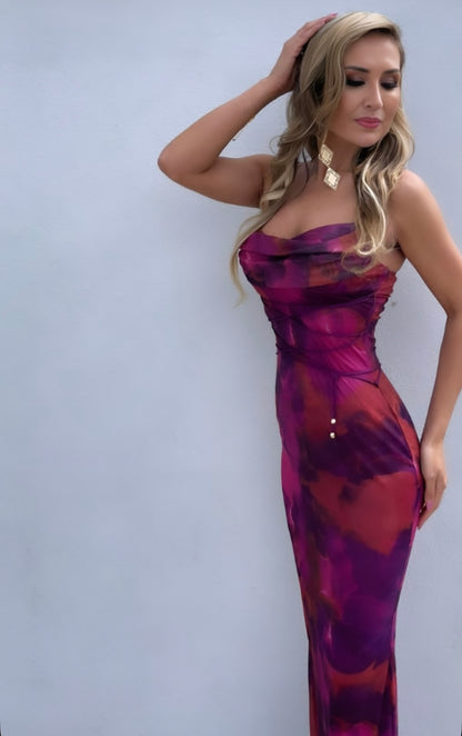 Magenta Printed Gown Model Front View