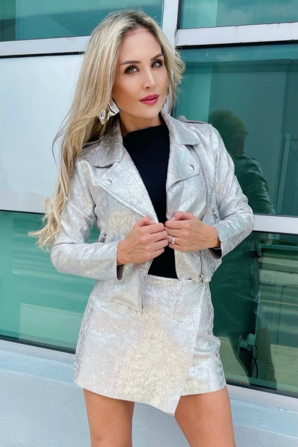 Metallic Faux Leather Jacket Silver Product Model Front View