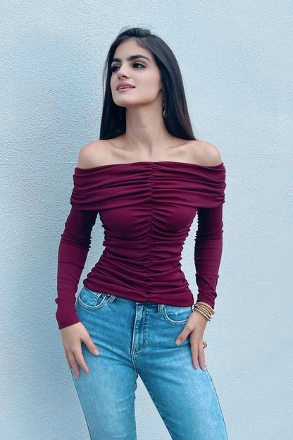 Off The Shoulder Ruched Top Burgendy Model Front View