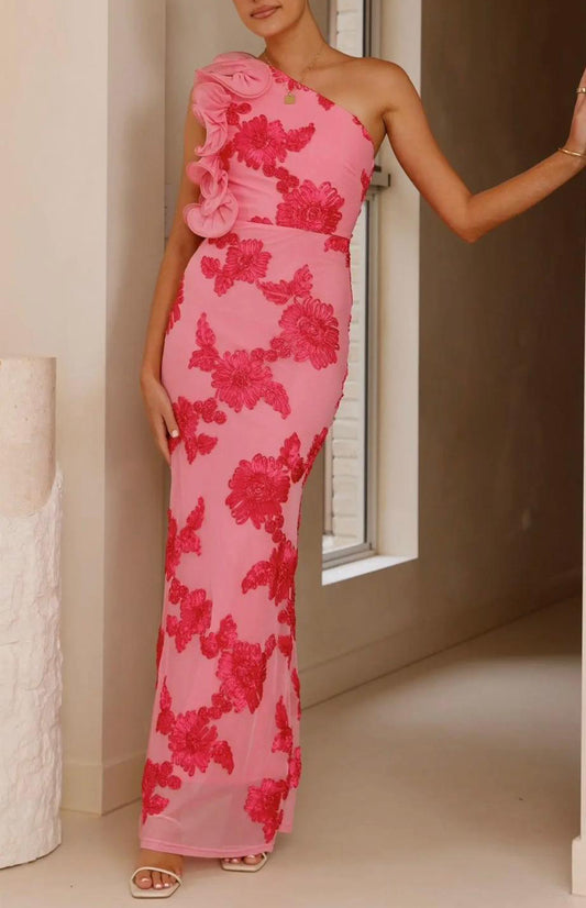 One Shoulder Floral Gown