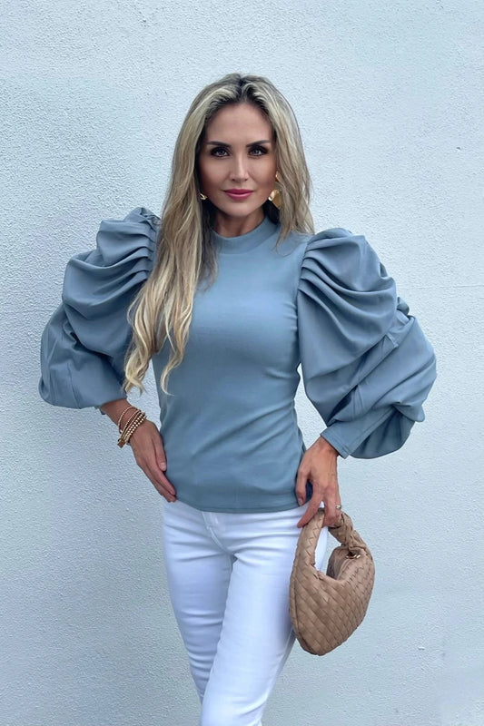 Oversized Puff Sleeve Top Gray Denim Blue Model Front View