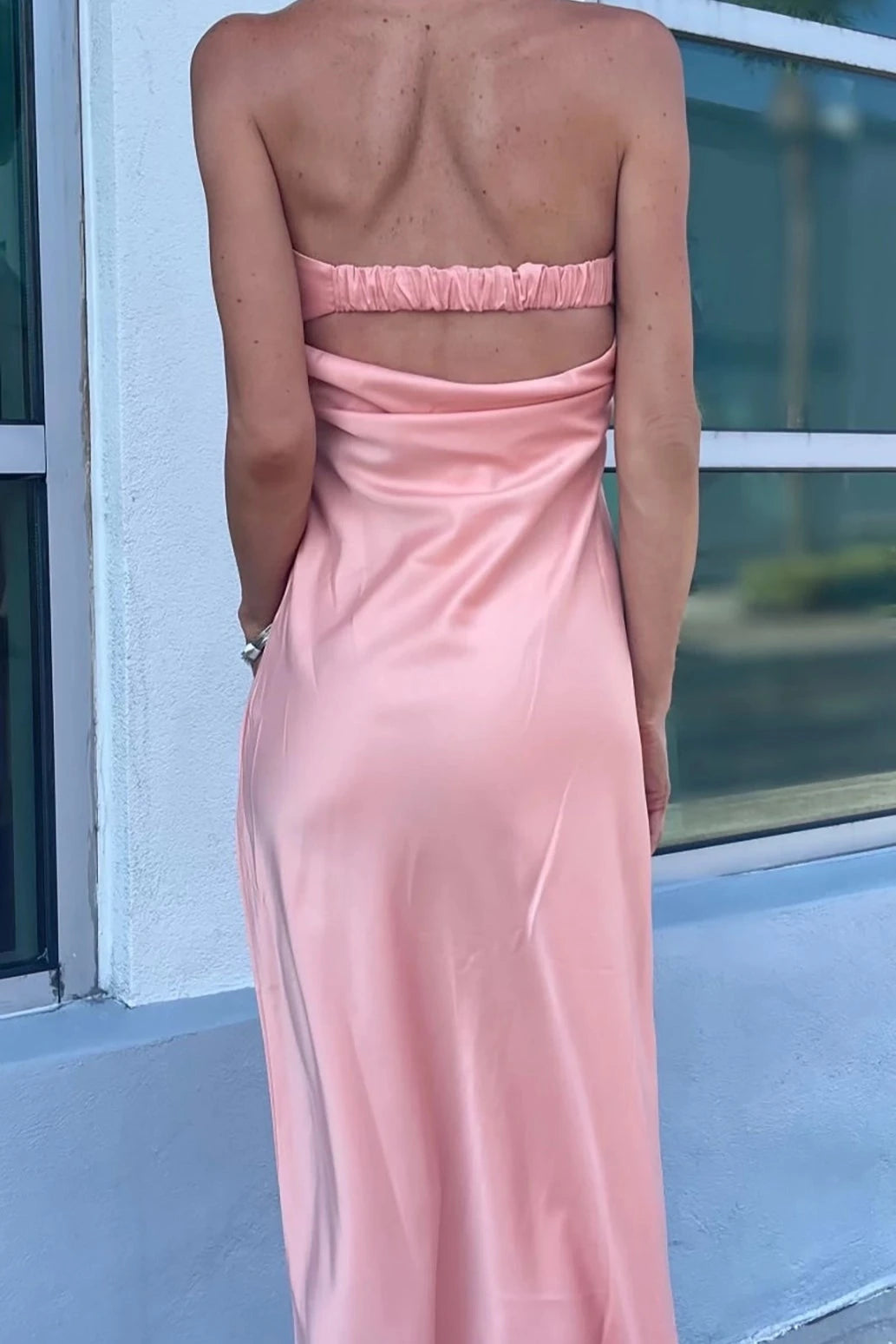 Satin Open Back Maxi Dress Pink Back View