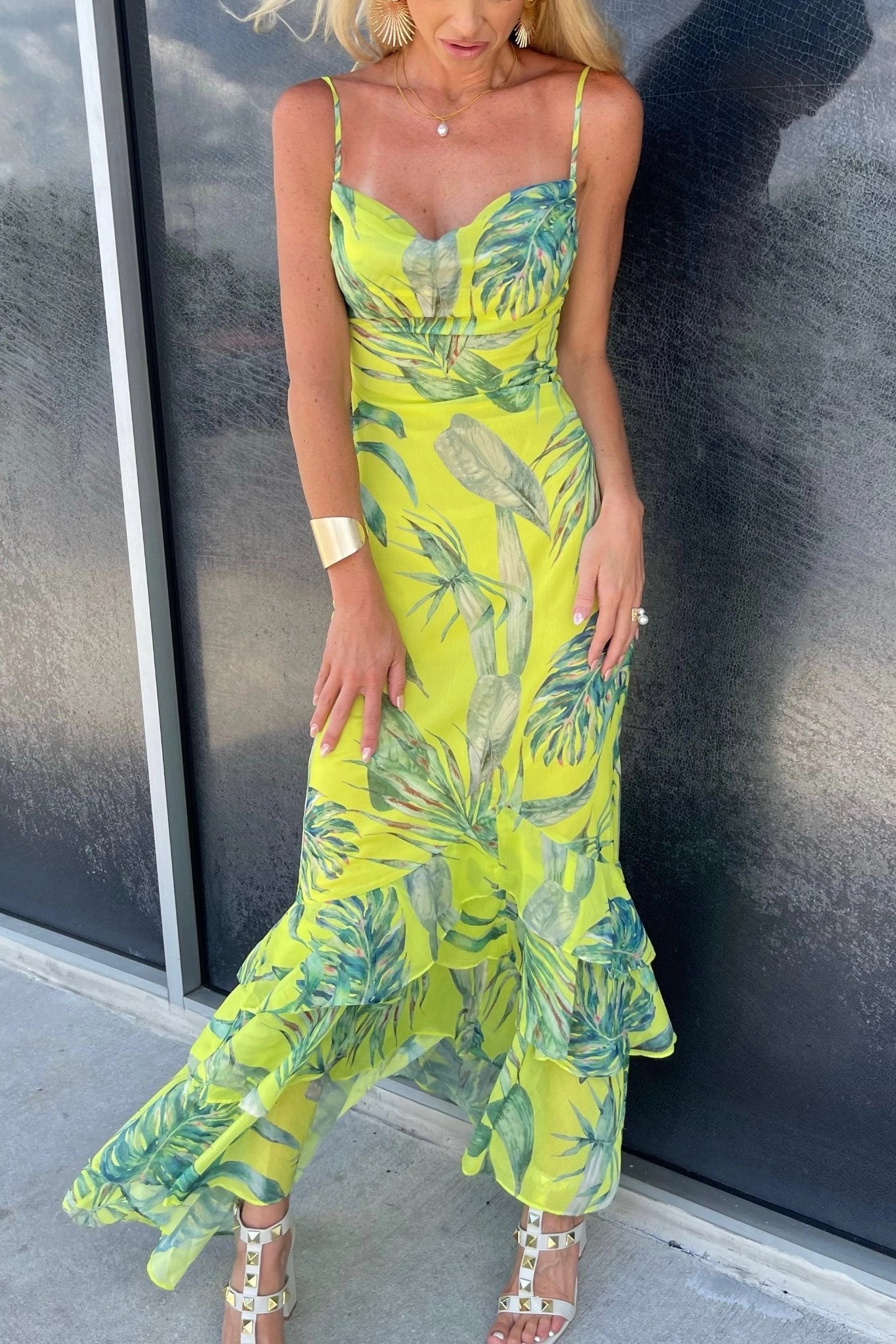 Tropical Print Maxi Dress Green Front View